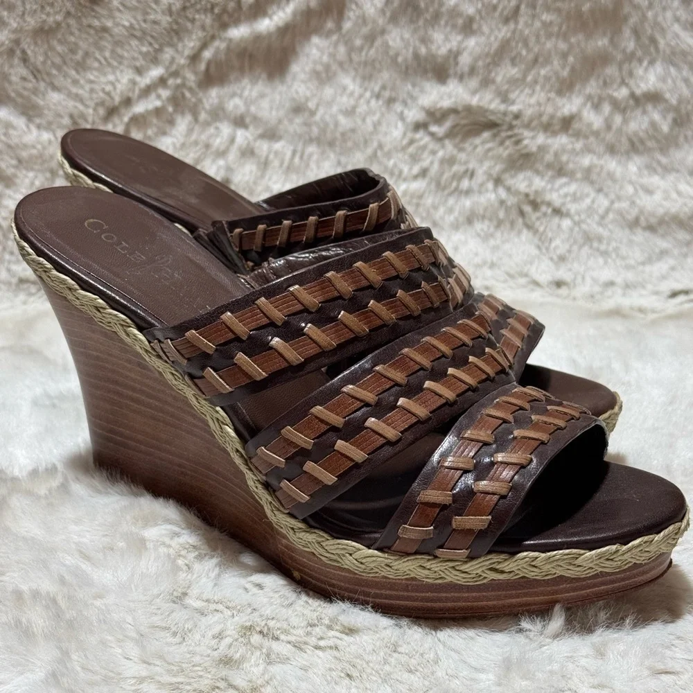 COLE HAAN stitch wedge brown heal leather espadrille slides shoes 7.5B